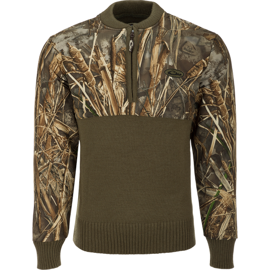 Camo 1/4 Zip Under Wader Sweater, featuring a camouflage pattern, quarter zip, and durable fabric, ideal for hunting and outdoor activities.