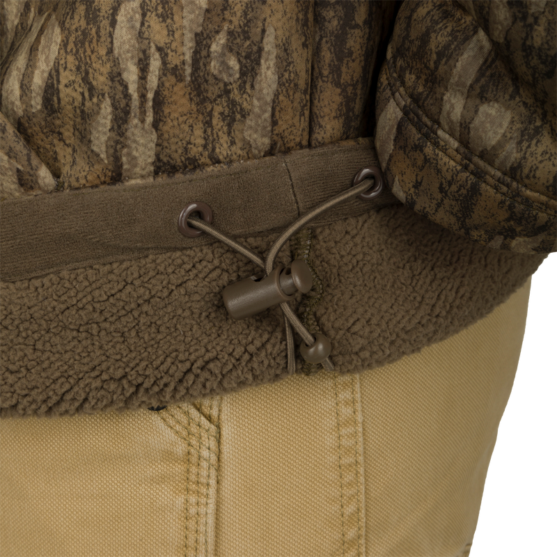 Close-up of the LST Silencer Fleece-Lined Hoodie, showcasing its soft fleece interior and double-lined hood with drawstring for wind protection and extra warmth.