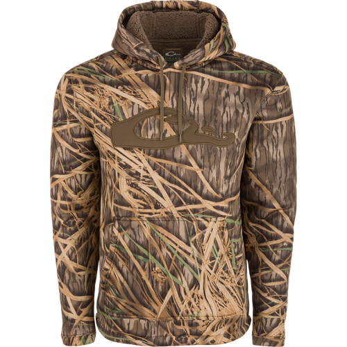 LST Silencer Fleece-Lined Hoodie featuring a camouflage pattern, double-lined hood, and kangaroo pouch for warmth and comfort.