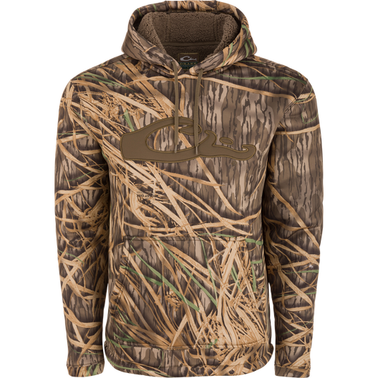 LST Silencer Fleece-Lined Hoodie featuring a camouflage pattern, double-lined hood, and kangaroo pouch for warmth and comfort.