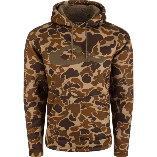 LST Silencer Fleece-Lined Hoodie with camouflage pattern, features a double-lined hood and kangaroo pouch, designed for comfort and functionality.