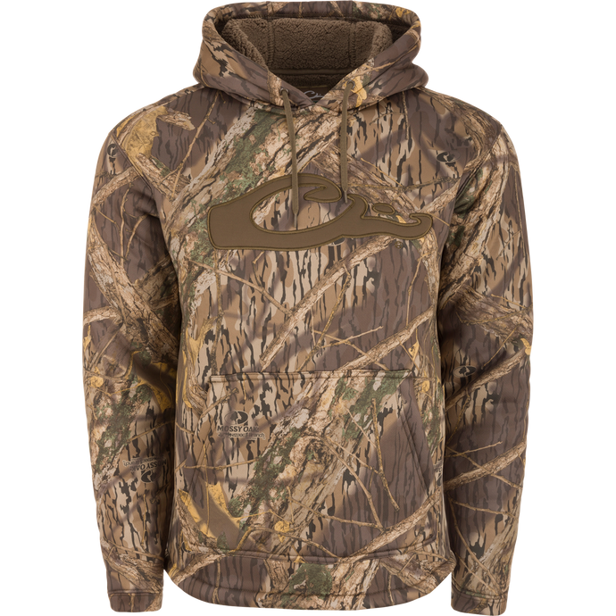 LST Silencer Fleece-Lined Hoodie with a camouflage pattern, featuring a double-lined hood and a kangaroo pouch for extra warmth.