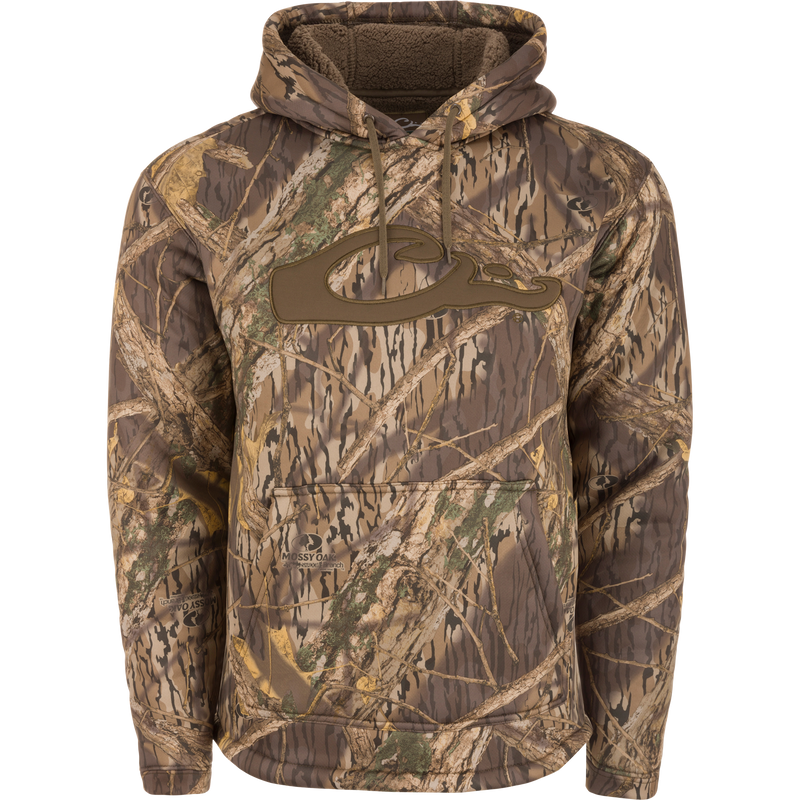 LST Silencer Fleece-Lined Hoodie with a camouflage pattern, featuring a double-lined hood and a kangaroo pouch for extra warmth.