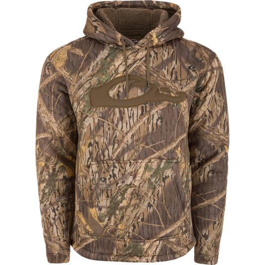 LST Silencer Fleece-Lined Hoodie with a camouflage pattern, featuring a double-lined hood and a kangaroo pouch for extra warmth.