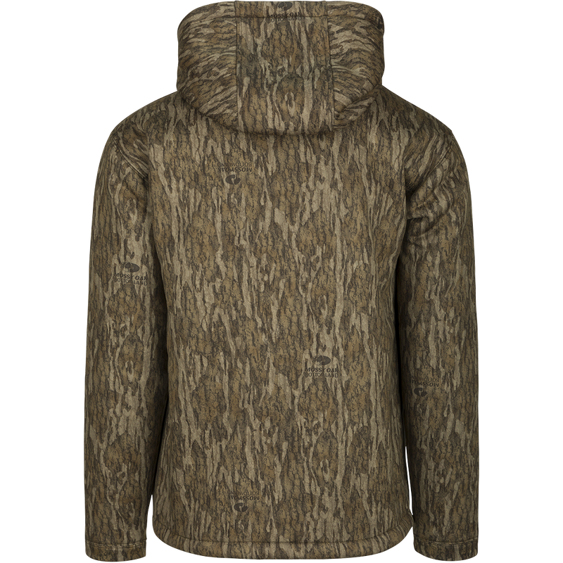 Youth Silencer Hoodie with tree pattern, drawstring hood, kangaroo pouch, and excellent stretch. Ideal for everyday wear and field use. Combed fleece interior for comfort and warmth. From Drake Waterfowl.