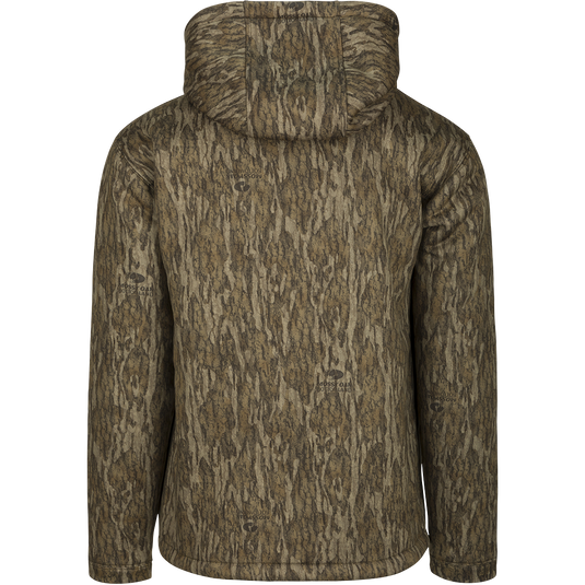 Youth Silencer Hoodie with tree pattern, drawstring hood, kangaroo pouch, and excellent stretch. Ideal for everyday wear and field use. Combed fleece interior for comfort and warmth. From Drake Waterfowl.