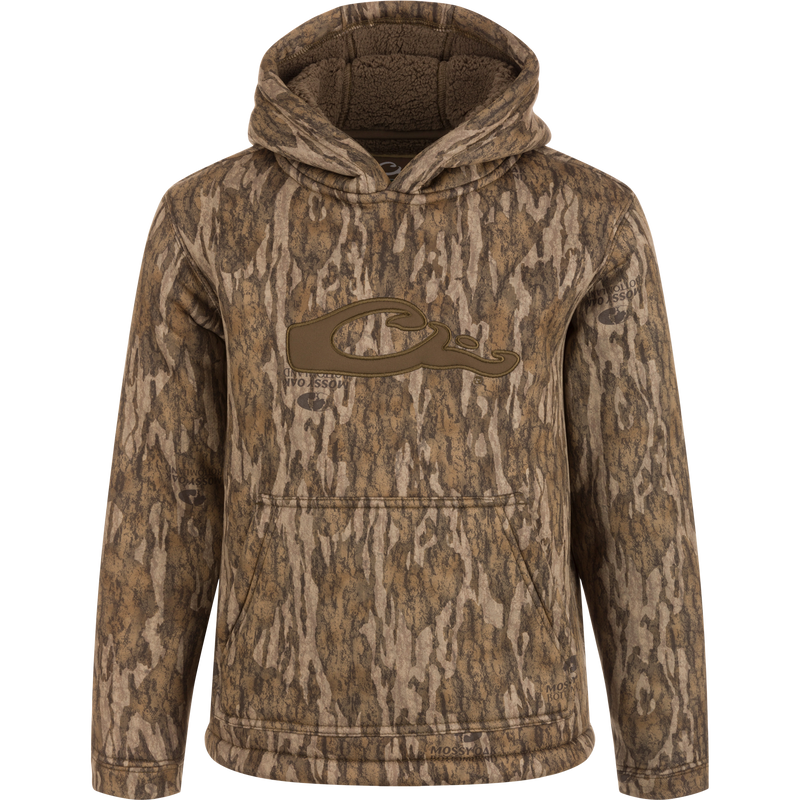 Camouflage LST Youth Silencer Hoodie with double-lined hood, fleece-lined kangaroo pouch, and excellent stretch for enhanced comfort and mobility.