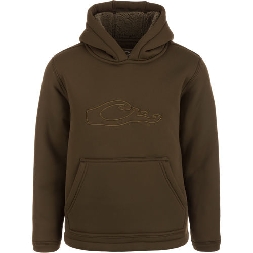 LST Youth Silencer Hoodie with logo, featuring a double-lined hood and fleece-lined kangaroo pouch for warmth and comfort, shown in close-up.