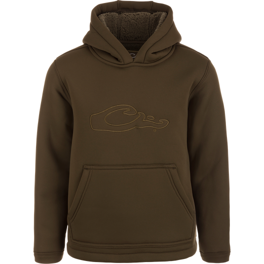 LST Youth Silencer Hoodie with logo, featuring a double-lined hood and fleece-lined kangaroo pouch for warmth and comfort, shown in close-up.