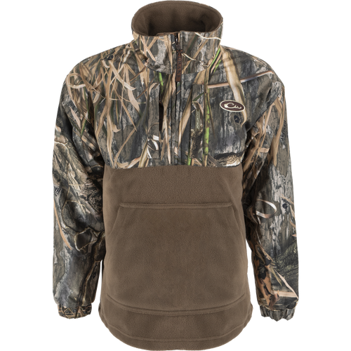Camouflage jacket with waterproof sleeves and breathable fleece lower body, featuring Magnattach™ pocket, zippered chest pocket, and kangaroo pouch. Suitable for waterfowl hunting.