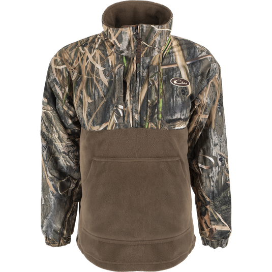 Camouflage jacket with waterproof sleeves and breathable fleece lower body, featuring Magnattach™ pocket, zippered chest pocket, and kangaroo pouch. Suitable for waterfowl hunting.
