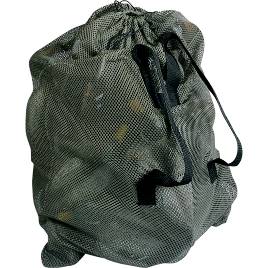 Mesh Decoy Bag with black strap, featuring heavy-duty polyester mesh, shoulder strap, and drawstring cord. Ideal for hunters needing a lightweight, space-saving solution.