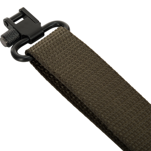 Close-up of the Waterfowl Gunslinger Shotgun Sling's tan fabric strap with a black metal clasp, highlighting its durable polypropylene braided cord.