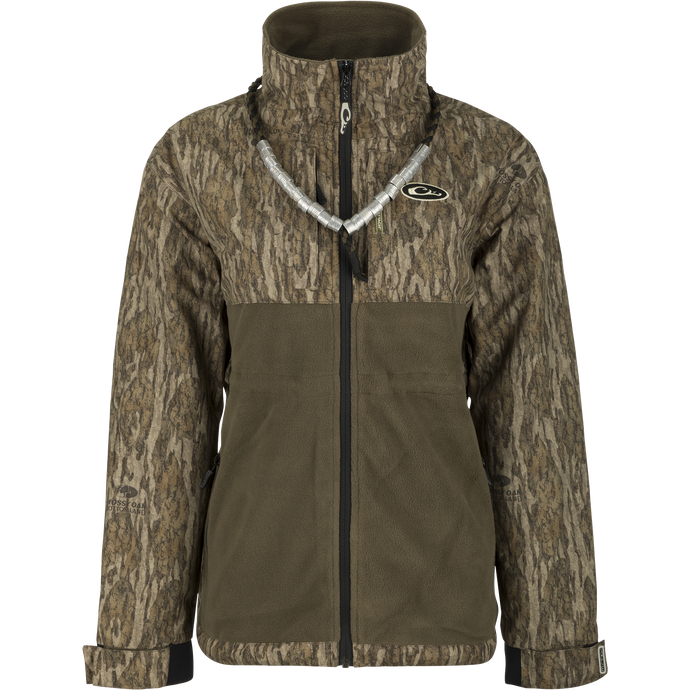 MST Women's Eqwader Full Zip Jacket featuring a zippered front, waterproof upper body, breathable fleece lower body, and adjustable neoprene cuffs for enhanced comfort and performance.