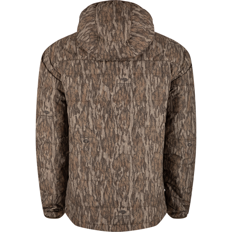 MST Synthetic Down Hooded Jacket with tree pattern, featuring horizontal baffle design, insulated hood, Magnattach™ chest pocket, and adjustable waist for hunting and outdoor use.