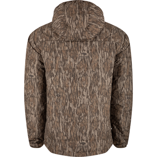 MST Synthetic Down Hooded Jacket with tree pattern, featuring horizontal baffle design, insulated hood, Magnattach™ chest pocket, and adjustable waist for hunting and outdoor use.