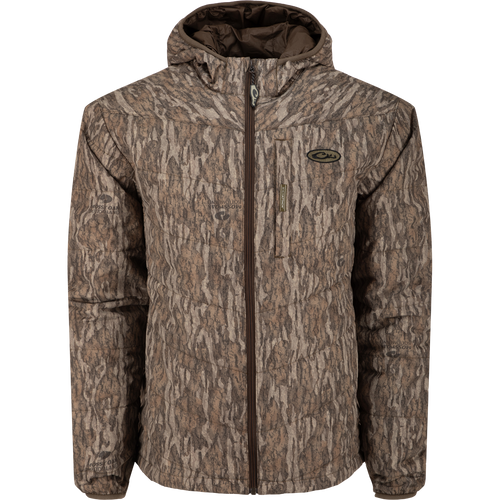 MST Synthetic Down Hooded Jacket with horizontal baffles, insulated hood, and Magnattach™ left chest pocket, designed for warmth and comfort in cold hunting conditions.