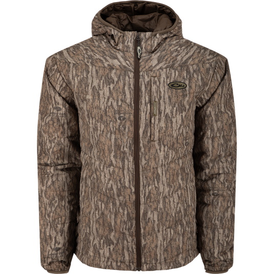 MST Synthetic Down Hooded Jacket with horizontal baffles, insulated hood, and Magnattach™ left chest pocket, designed for warmth and comfort in cold hunting conditions.