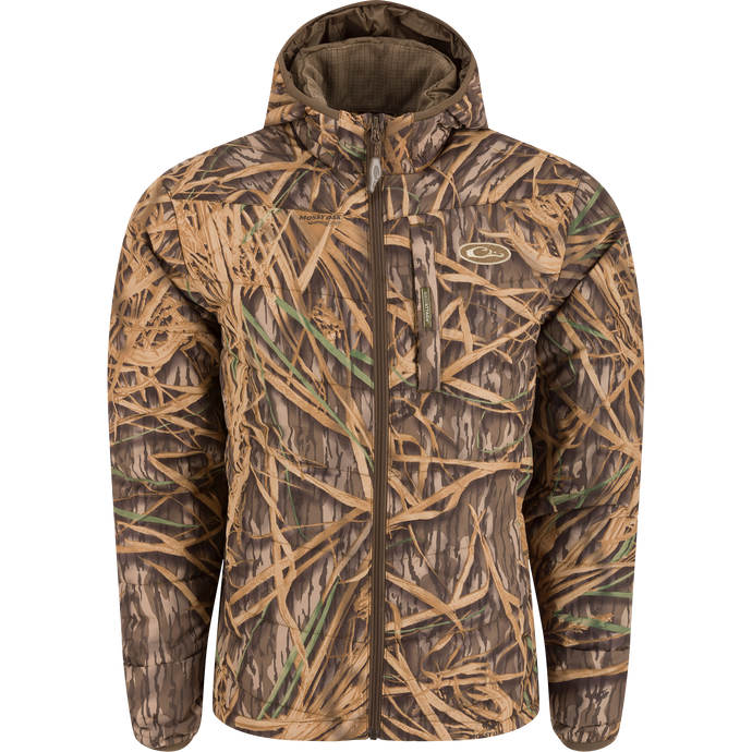 MST Synthetic Down Hooded Jacket with a camouflage pattern, featuring a drawcord adjustable waist, Magnattach™ left chest pocket, and insulated hood for warmth and versatility.