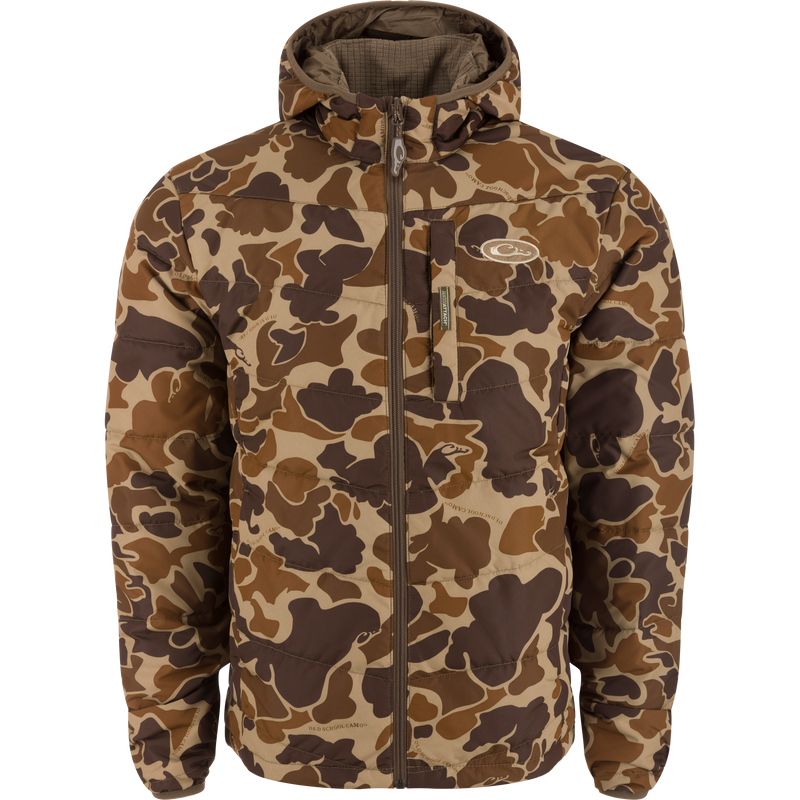 MST Synthetic Down Hooded Jacket featuring a camouflage pattern, insulated hood, Magnattach™ left chest pocket, and drawcord adjustable waist for warmth and functionality in hunting conditions.