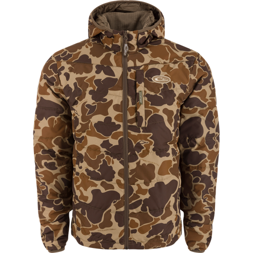 MST Synthetic Down Hooded Jacket featuring a camouflage pattern, insulated hood, Magnattach™ left chest pocket, and drawcord adjustable waist for warmth and functionality in hunting conditions.