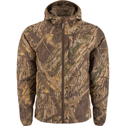 MST Synthetic Down Hooded Jacket with a camouflage pattern, featuring horizontal baffles, insulated hood, Magnattach™ chest pocket, and drawcord adjustable waist for versatile outdoor use.