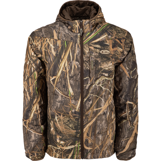 MST Synthetic Down Hooded Jacket with camouflage pattern, featuring an insulated hood, draw cord adjustable waist, and Magnattach™ chest pocket for hunting and outdoor activities.