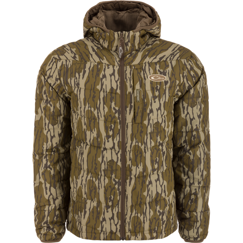 MST Synthetic Down Hooded Jacket with camouflage pattern, featuring a zipper, drawcord adjustable waist, insulated hood, and Magnattach™ left chest pocket for versatile hunting and outdoor use.