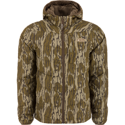 MST Synthetic Down Hooded Jacket with camouflage pattern, featuring a zipper, drawcord adjustable waist, insulated hood, and Magnattach™ left chest pocket for versatile hunting and outdoor use.