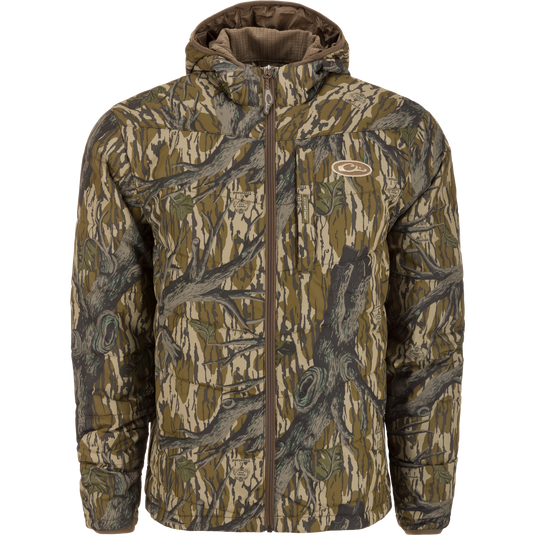 MST Synthetic Down Hooded Jacket with camouflage pattern, featuring insulated hood, drawcord adjustable waist, and Magnattach™ left chest pocket. Ideal for hunting and outdoor activities.