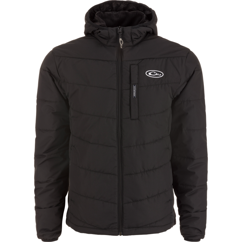 MST Synthetic Down Hooded Jacket featuring a zipper, white logo, insulated hood, and Magnattach™ chest pocket, designed for warmth and comfort during hunting or camping.