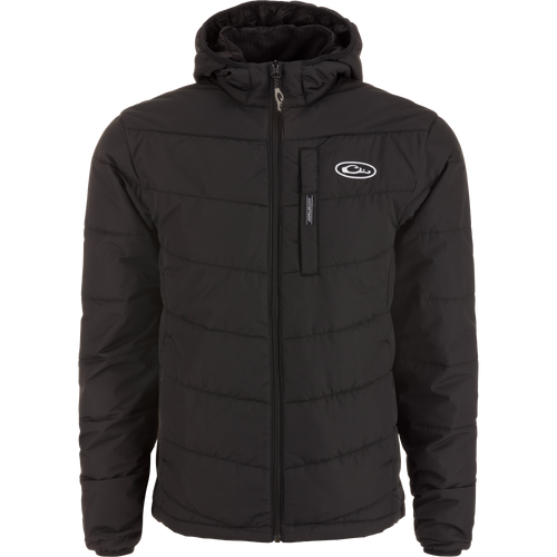 MST Synthetic Down Hooded Jacket featuring a zipper, white logo, insulated hood, and Magnattach™ chest pocket, designed for warmth and comfort during hunting or camping.