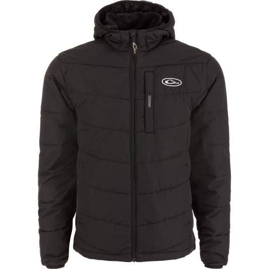 MST Synthetic Down Hooded Jacket featuring a zipper, white logo, insulated hood, and Magnattach™ chest pocket, designed for warmth and comfort during hunting or camping.