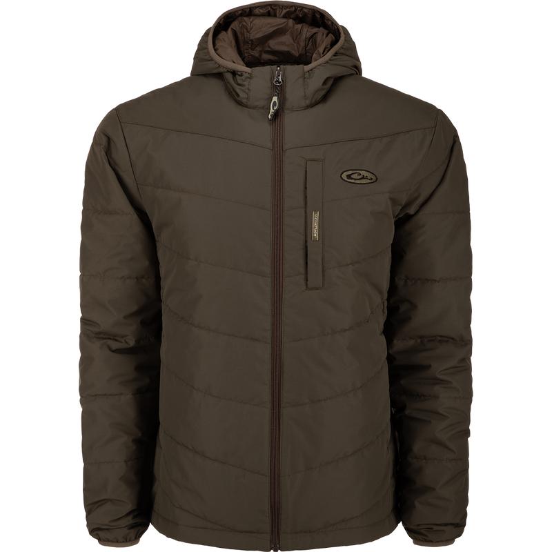 MST Synthetic Down Hooded Jacket with insulated hood, horizontal baffle design, and Magnattach™ chest pocket for phone or duck calls.