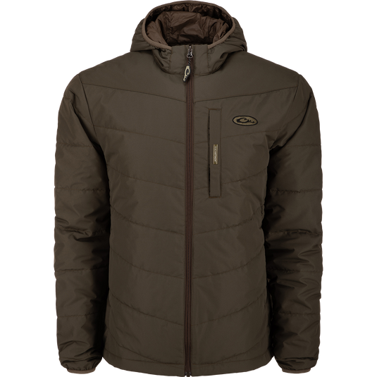 MST Synthetic Down Hooded Jacket with insulated hood, horizontal baffle design, and Magnattach™ chest pocket for phone or duck calls.