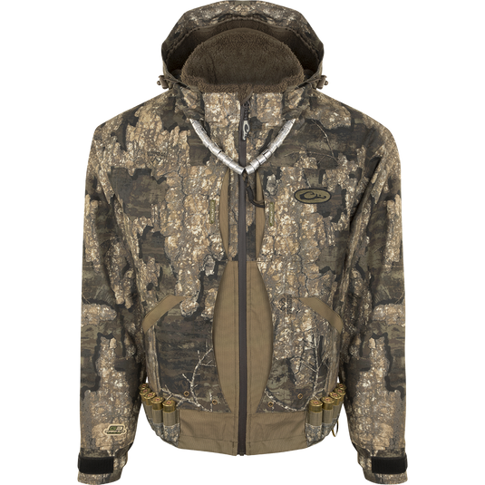 Guardian Elite Flooded Timber Insulated Jacket with hood, zipper, multiple pockets, and body-mapped insulation, designed for hunters wading through deep water.