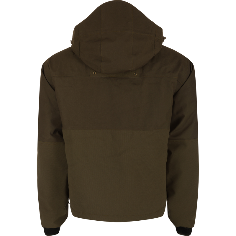 Backside of hooded Guardian Elite™ LST Insulated Timber Jacket for hunters, featuring waterproof fabric, reinforced lower back, and fleece-lined collar. Functional pockets and adjustable details for outdoor comfort.