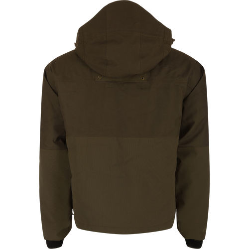 Backside of hooded Guardian Elite™ LST Insulated Timber Jacket for hunters, featuring waterproof fabric, reinforced lower back, and fleece-lined collar. Functional pockets and adjustable details for outdoor comfort.