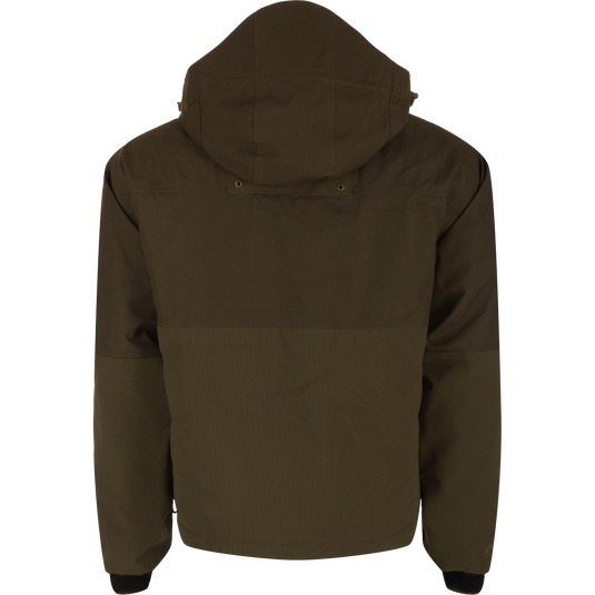 Backside of hooded Guardian Elite™ LST Insulated Timber Jacket for hunters, featuring waterproof fabric, reinforced lower back, and fleece-lined collar. Functional pockets and adjustable details for outdoor comfort.