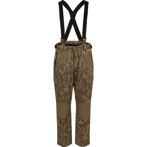 MST Waist-High Insulated Bibs with camouflage pattern and suspenders, featuring zippered pockets, adjustable Velcro waist, and heavy-duty elastic shoulder straps for secure fit.