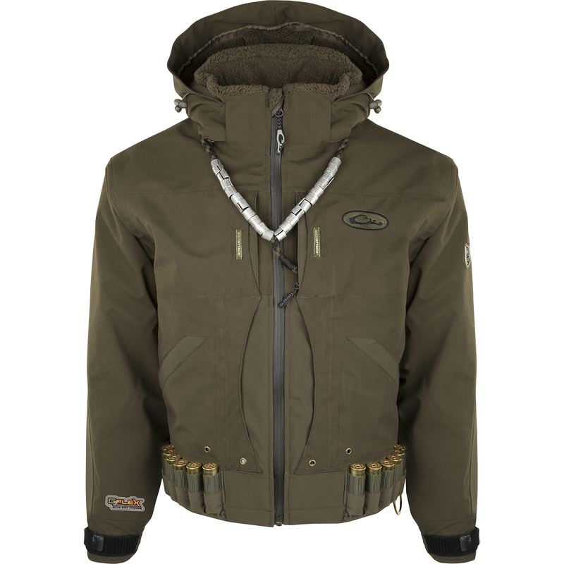 Guardian Elite Timber/Field Jacket with hood and bullet attachments. Close-up of zipper and logo. Waterproof and windproof.