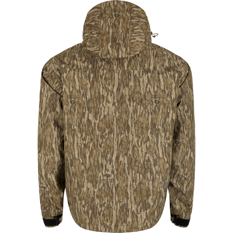 G3 Flex Uninsulated Waterfowlers Jacket with a hood and tree pattern, featuring multiple pockets and waterproof zippers for rugged, outdoor protection.