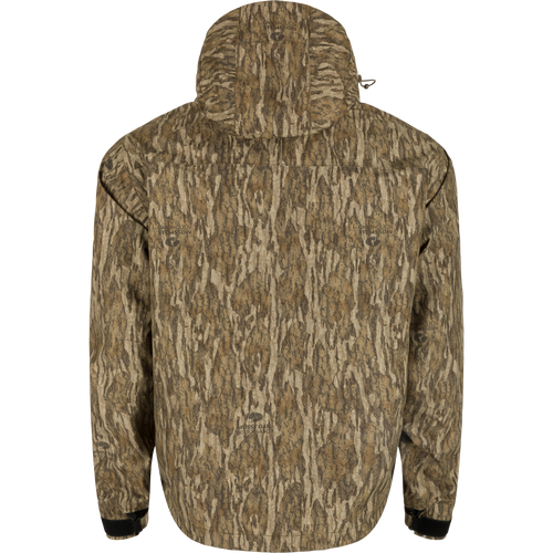 G3 Flex Uninsulated Waterfowlers Jacket with a hood and tree pattern, featuring multiple pockets and waterproof zippers for rugged, outdoor protection.