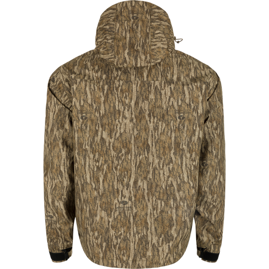 G3 Flex Uninsulated Waterfowlers Jacket with a hood and tree pattern, featuring multiple pockets and waterproof zippers for rugged, outdoor protection.