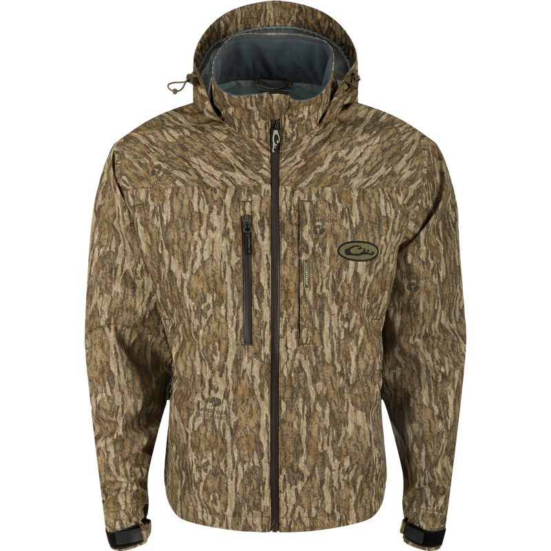 G3 Flex Uninsulated Waterfowlers Jacket with hood, multiple pockets, and waterproof zippers for rugged outdoor protection and enhanced mobility in harsh conditions.