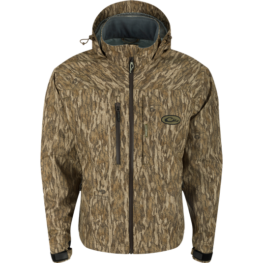 G3 Flex Uninsulated Waterfowlers Jacket with hood, multiple pockets, and waterproof zippers for rugged outdoor protection and enhanced mobility in harsh conditions.