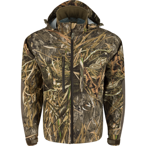 G3 Flex Uninsulated Waterfowlers Jacket, featuring a camouflage pattern with multiple pockets and zippers, designed for rugged, waterproof protection and improved range of motion.