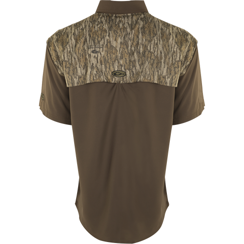 EST Camo Flyweight Wingshooter's Short Sleeve Shirt featuring a camouflage design, vented mesh back, and multiple chest pockets for hunting and outdoor activities.