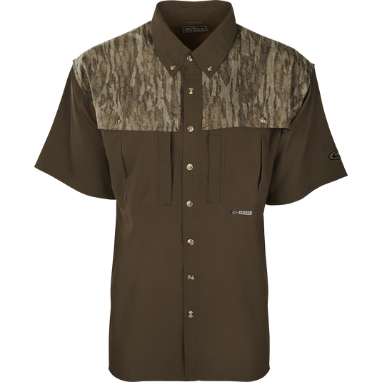 EST Two-Tone Camo Flyweight Wingshooter's Shirt with camouflage pattern, vented mesh back, large chest pockets, and Sol-Shield™ UPF 50+ sun protection.