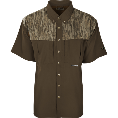 EST Camo Flyweight Wingshooter's Short Sleeve Shirt featuring a camouflage pattern, button front, vented mesh back, and multiple chest pockets for hunting efficiency.